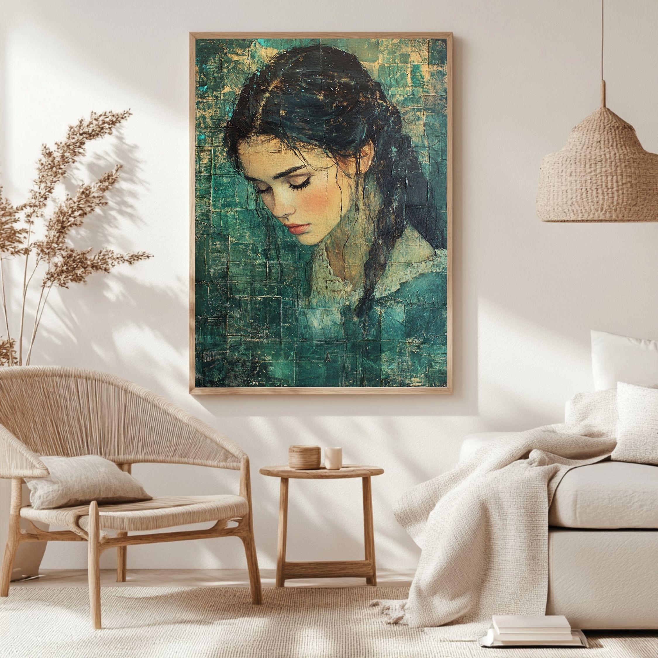 Vintage Girl Canvas Print, Emerald Textured Portrait Framed Wall Art, Girl Home Decor