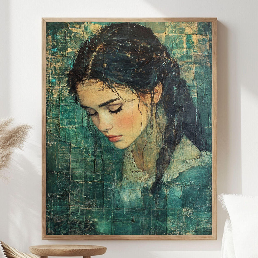 Vintage Girl Canvas Print, Emerald Textured Portrait Framed Wall Art, Girl Home Decor