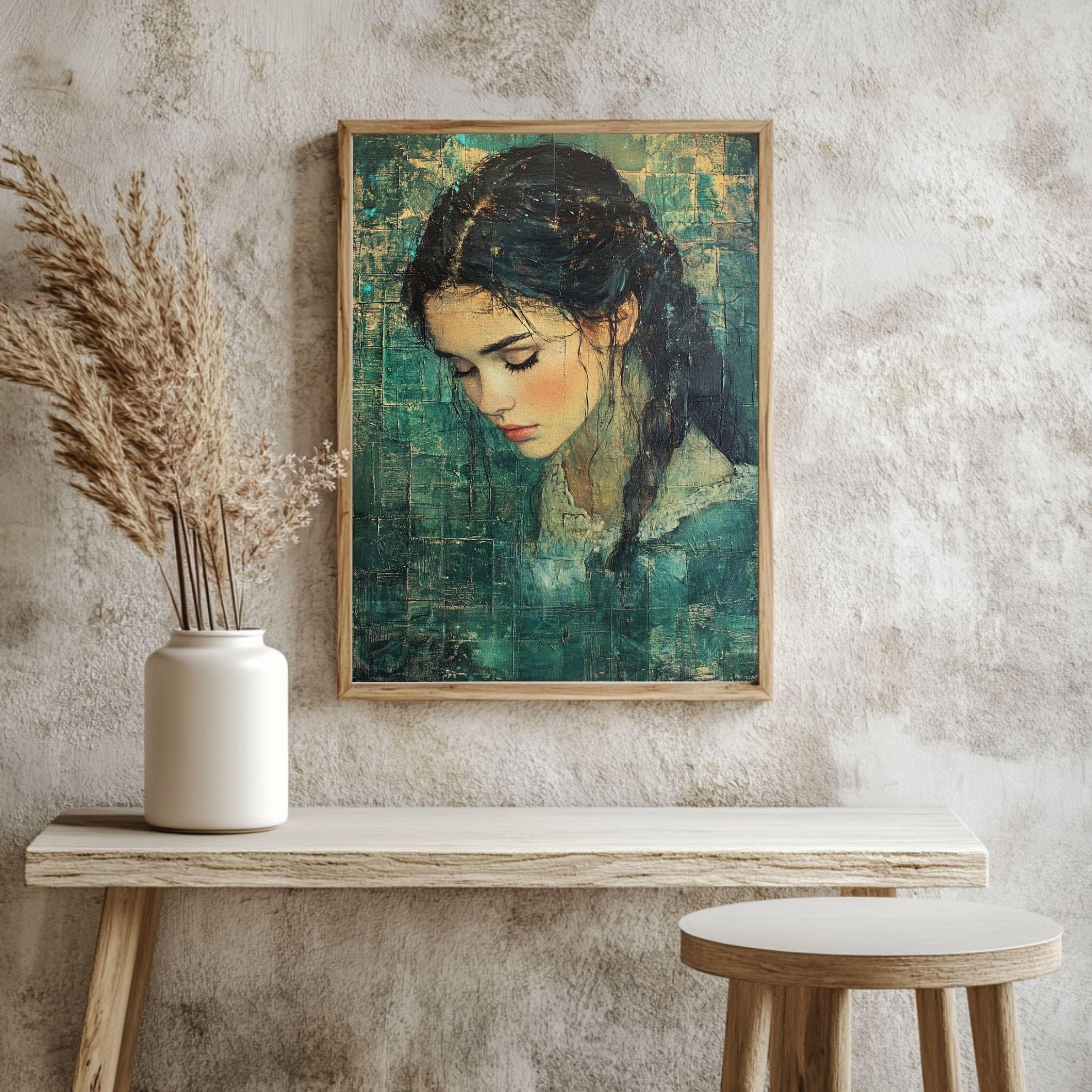 Vintage Girl Canvas Print, Emerald Textured Portrait Framed Wall Art, Girl Home Decor