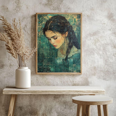 Vintage Girl Canvas Print, Emerald Textured Portrait Framed Wall Art, Girl Home Decor