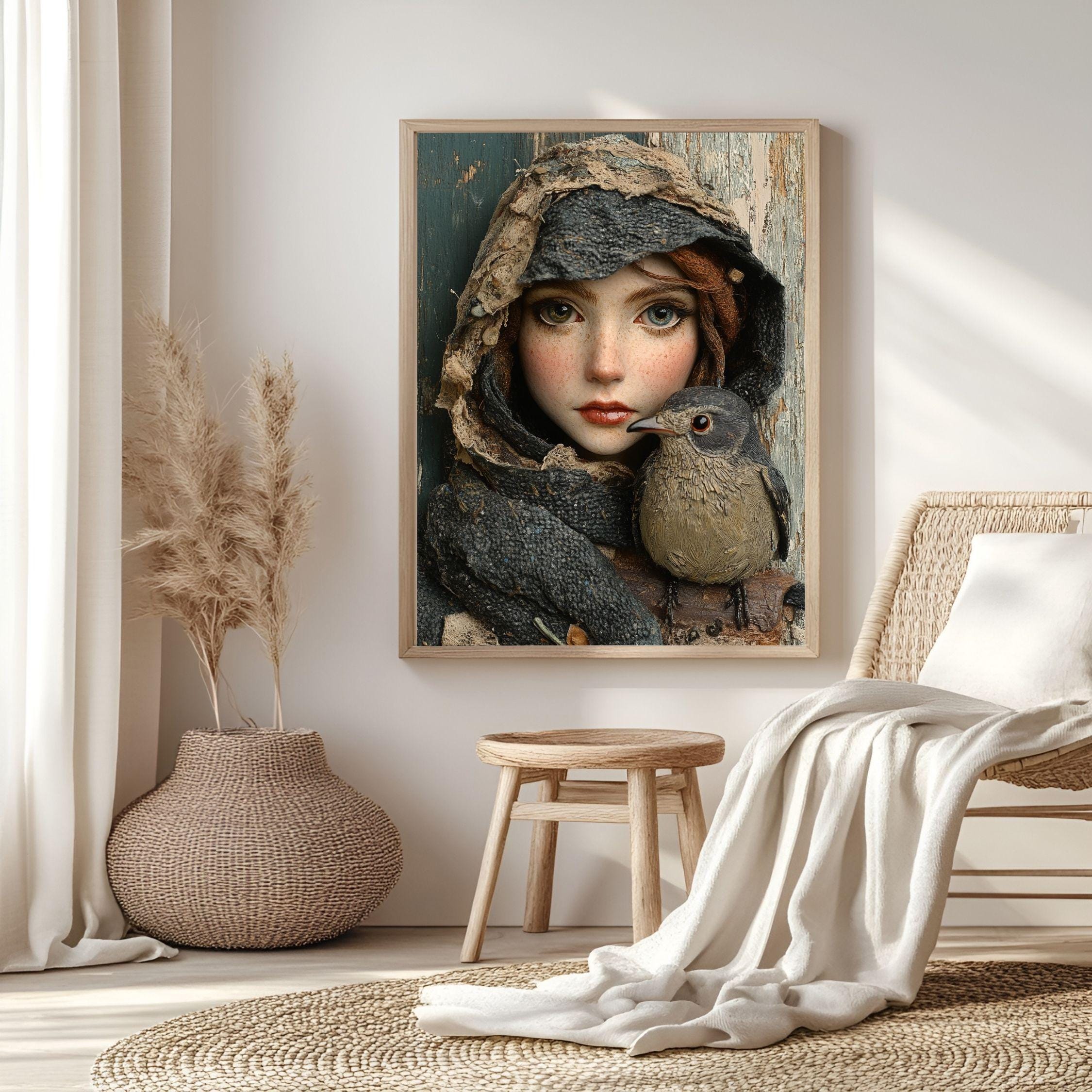 Woodland Girl Bird Framed Canvas Art, Whimsical Rustic Portrait Winter Nature Decor