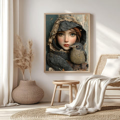 Woodland Girl Bird Framed Canvas Art, Whimsical Rustic Portrait Winter Nature Decor