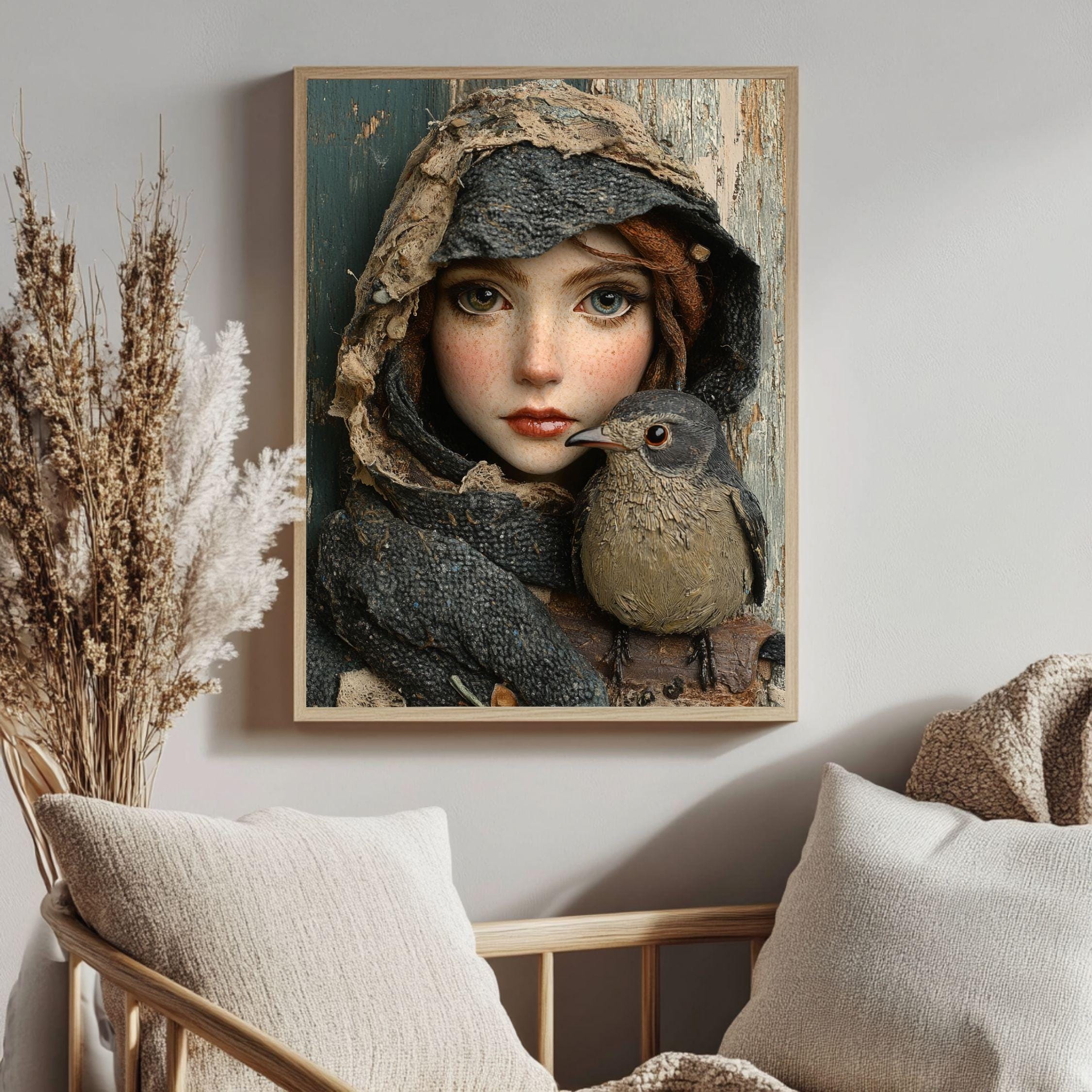Woodland Girl Bird Framed Canvas Art, Whimsical Rustic Portrait Winter Nature Decor