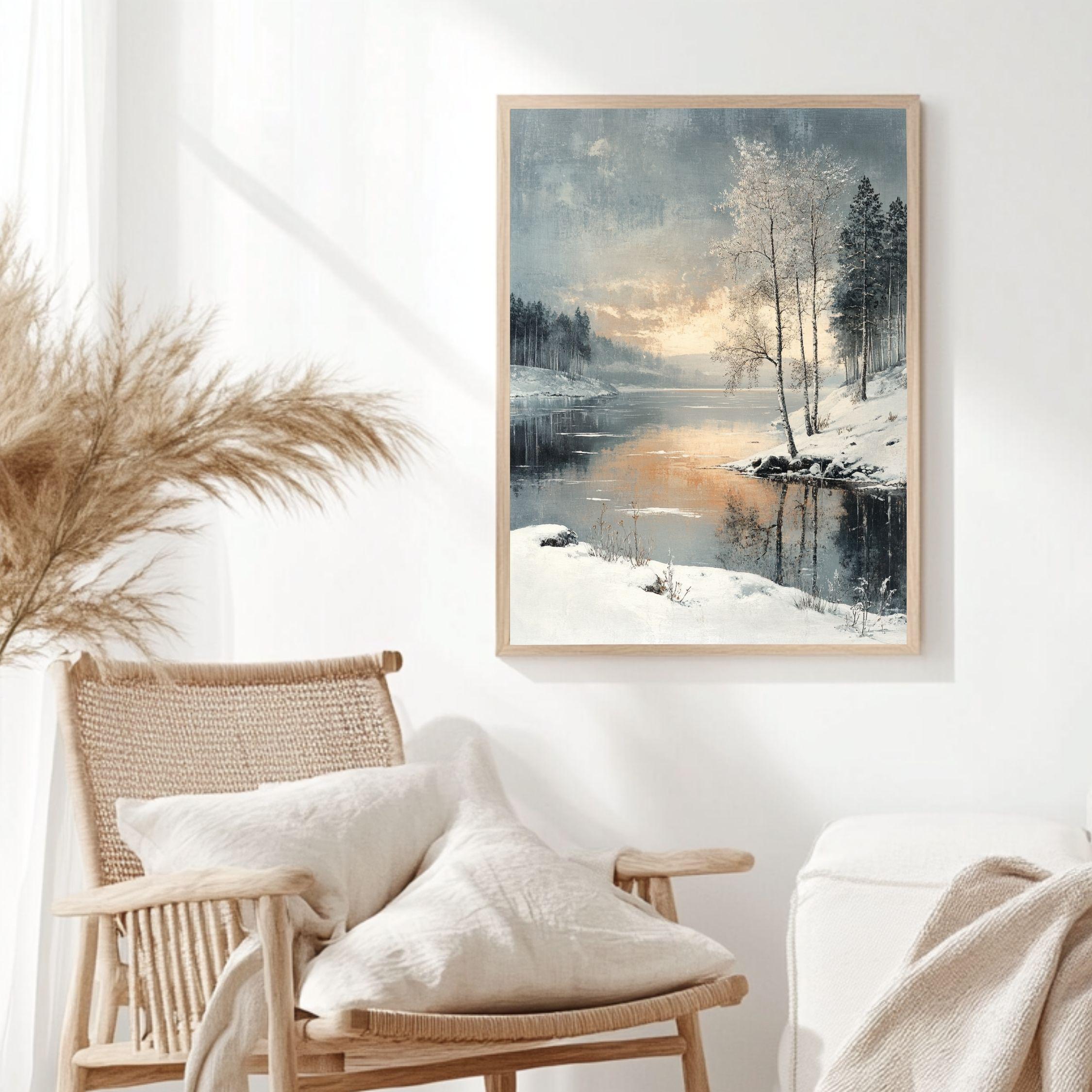 Winter Sunset Lake Framed Canvas Art, Serene Snow Landscape Nature Wall Decor