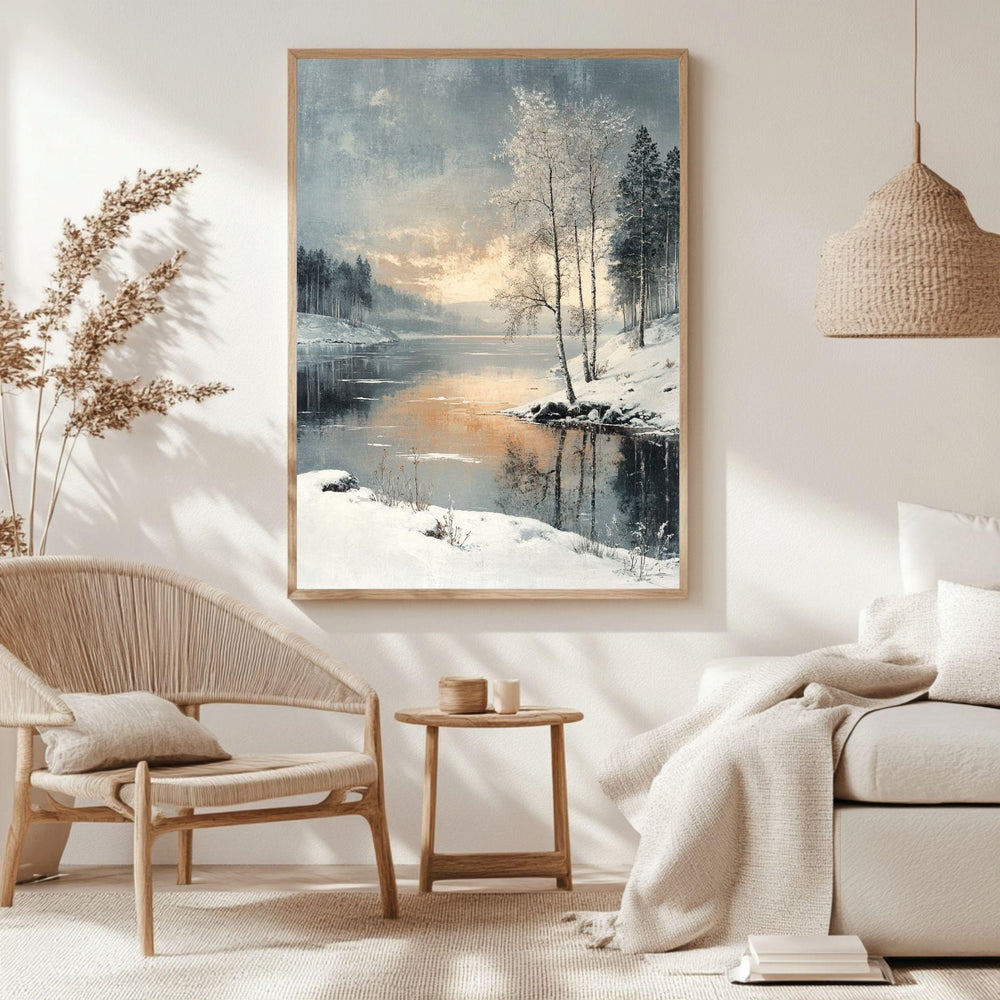 Winter Sunset Lake Framed Canvas Art, Serene Snow Landscape Nature Wall Decor