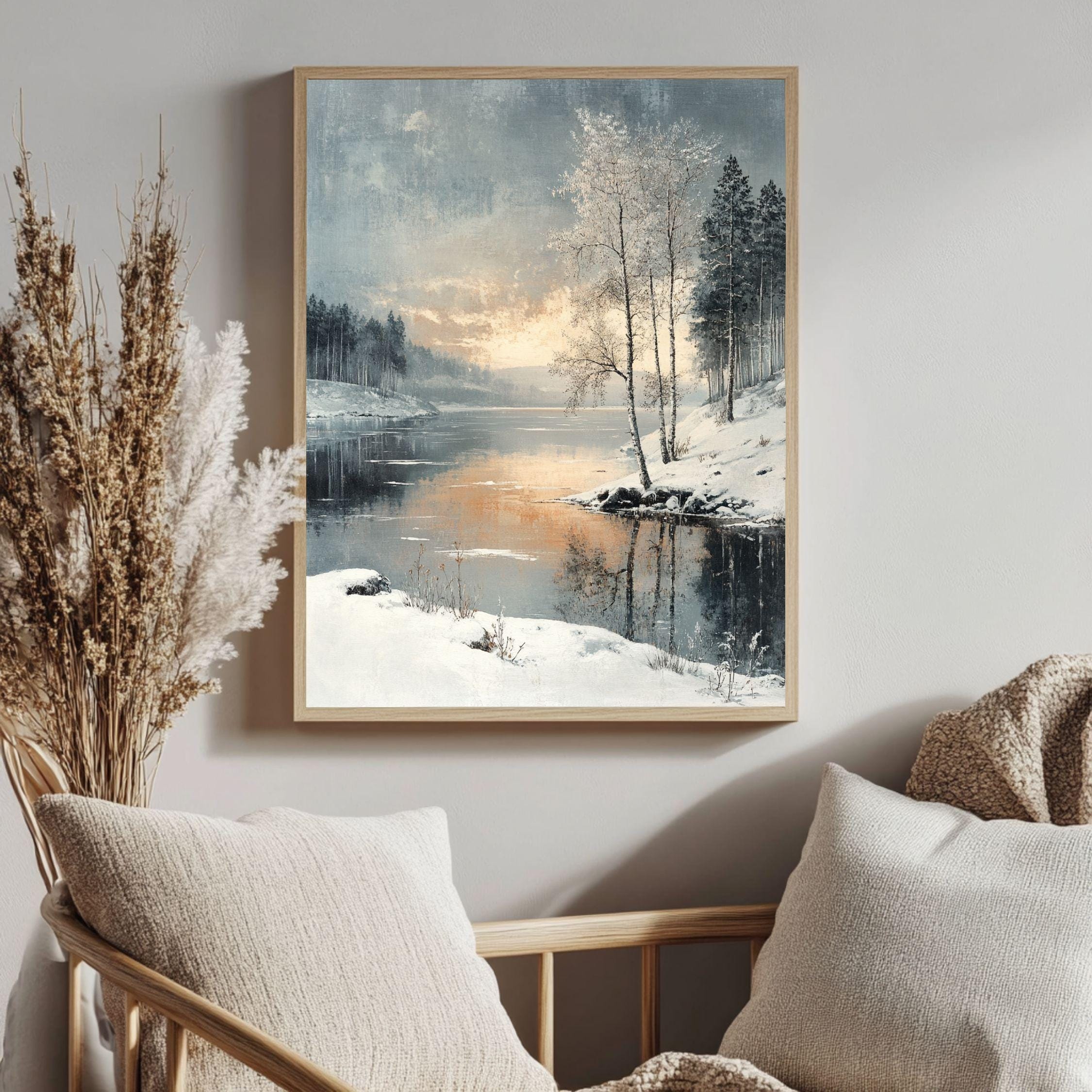 Winter Sunset Lake Framed Canvas Art, Serene Snow Landscape Nature Wall Decor