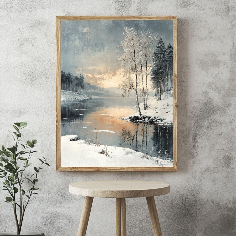 Winter Sunset Lake Framed Canvas Art, Serene Snow Landscape Nature Wall Decor