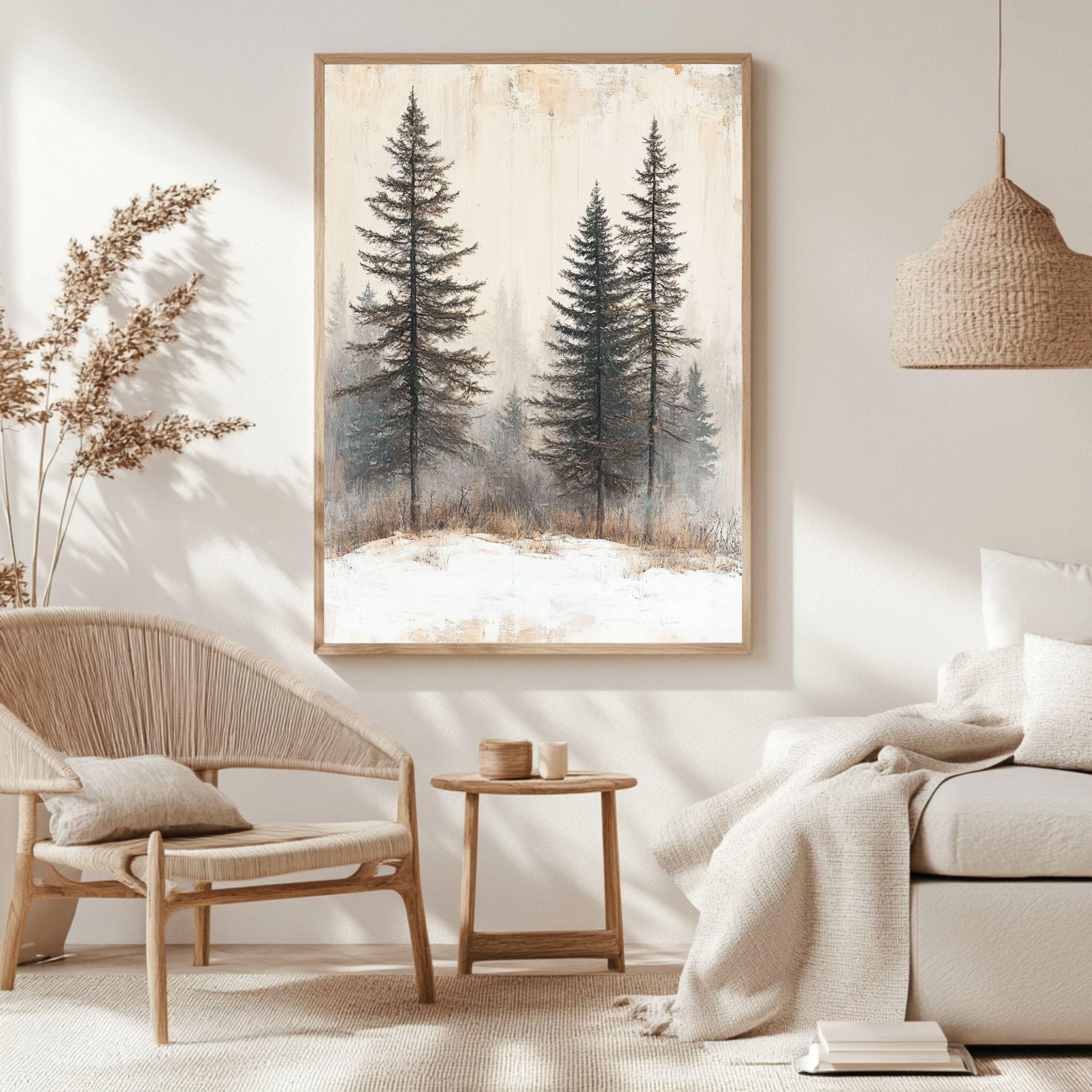 Foggy Pine Forest Framed Canvas Art, Minimal Winter Trees Woodland Wall Decor