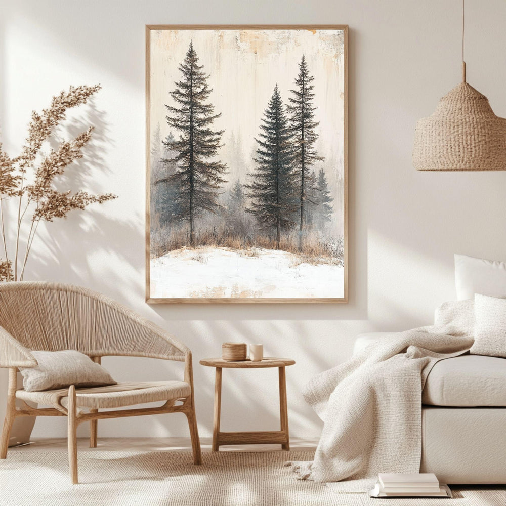 Foggy Pine Forest Framed Canvas Art, Minimal Winter Trees Woodland Wall Decor