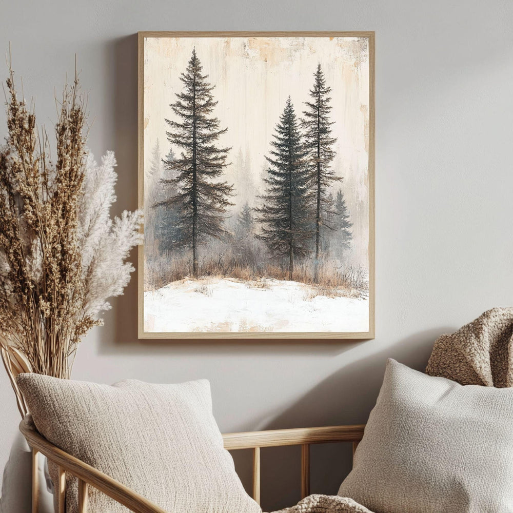 Foggy Pine Forest Framed Canvas Art, Minimal Winter Trees Woodland Wall Decor