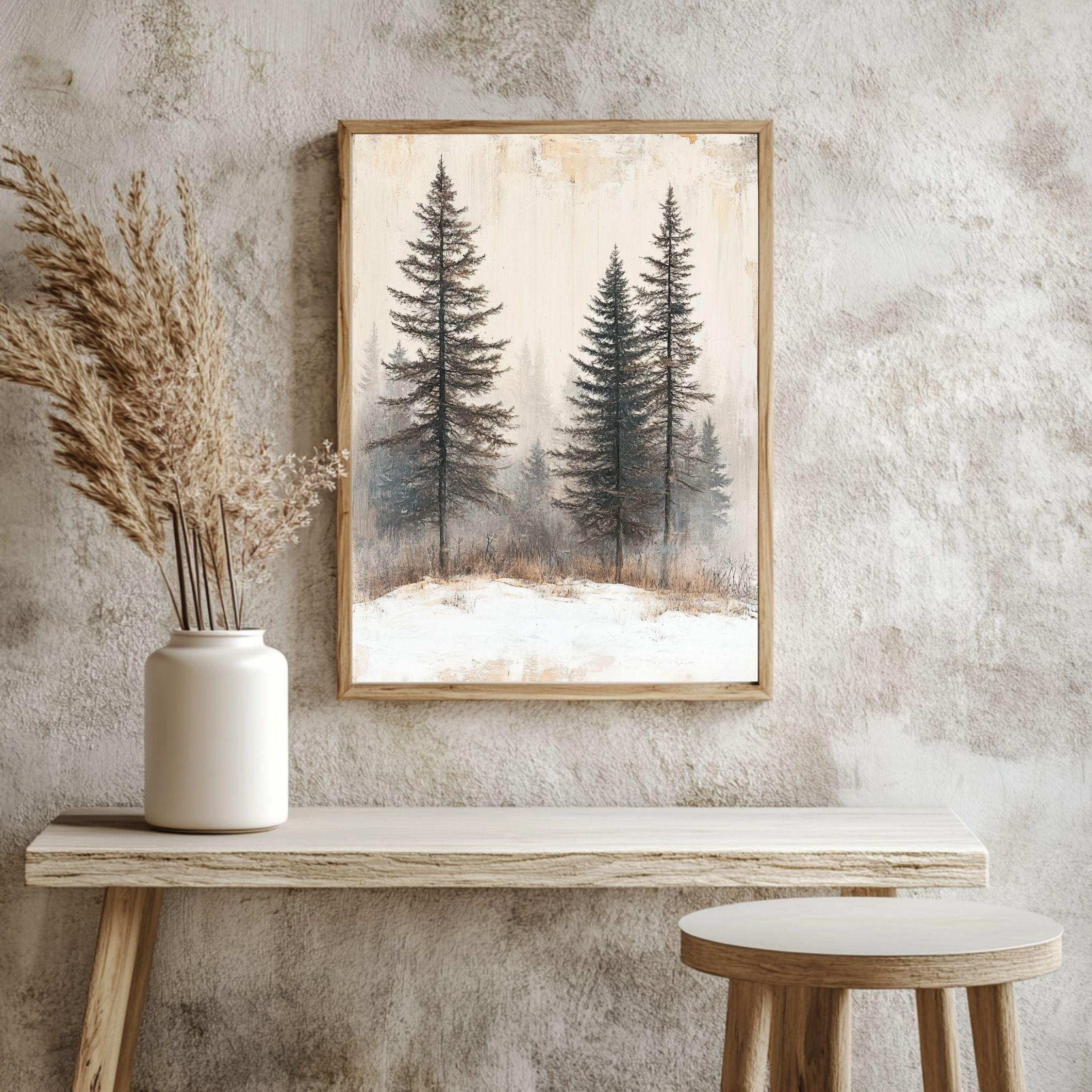 Foggy Pine Forest Framed Canvas Art, Minimal Winter Trees Woodland Wall Decor