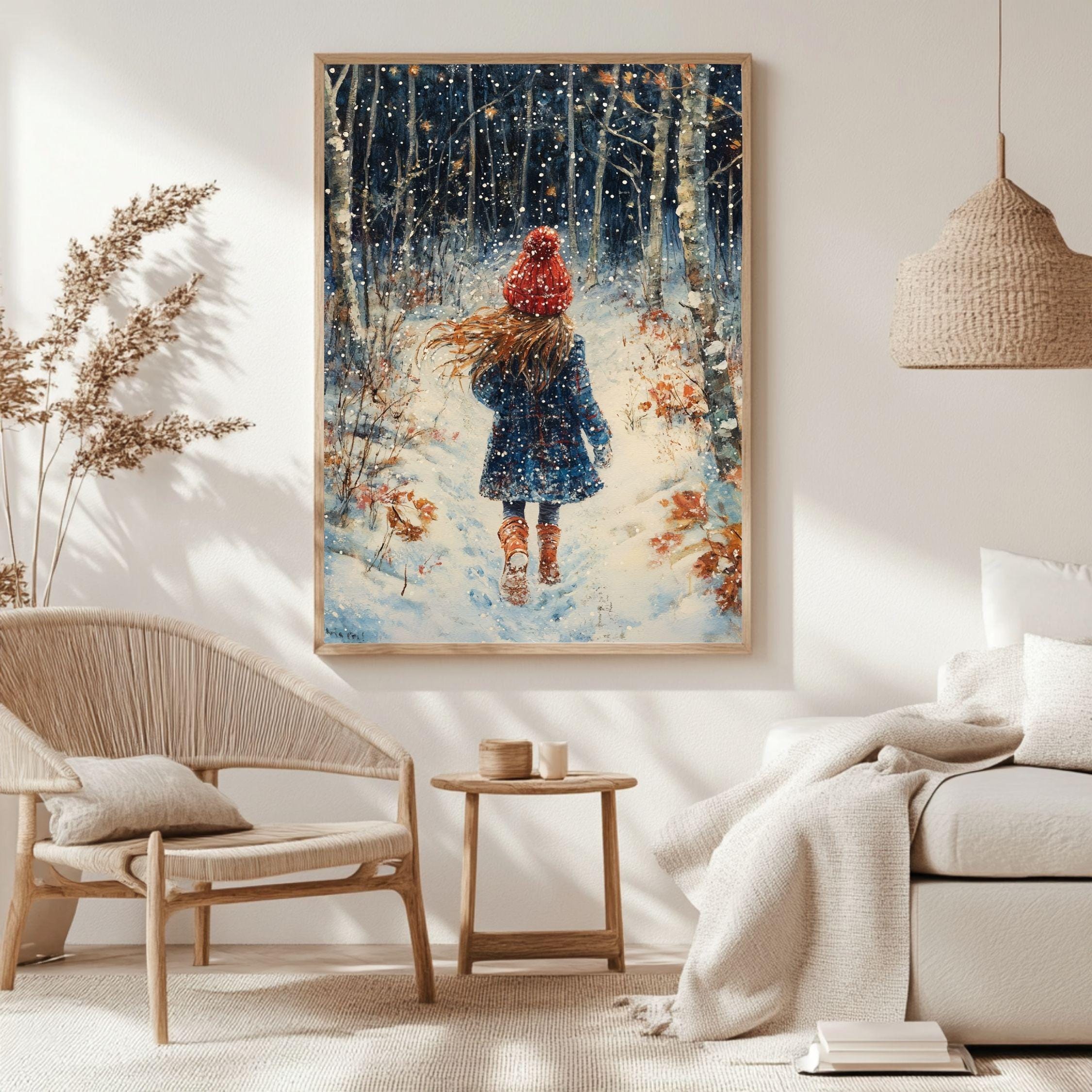Snowy Forest Girl Framed Canvas Art, Cozy Winter Scene Whimsical Nature Decor