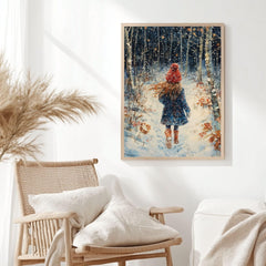 Snowy Forest Girl Framed Canvas Art, Cozy Winter Scene Whimsical Nature Decor