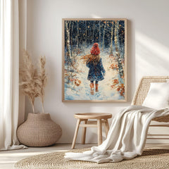 Snowy Forest Girl Framed Canvas Art, Cozy Winter Scene Whimsical Nature Decor