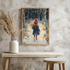 Snowy Forest Girl Framed Canvas Art, Cozy Winter Scene Whimsical Nature Decor