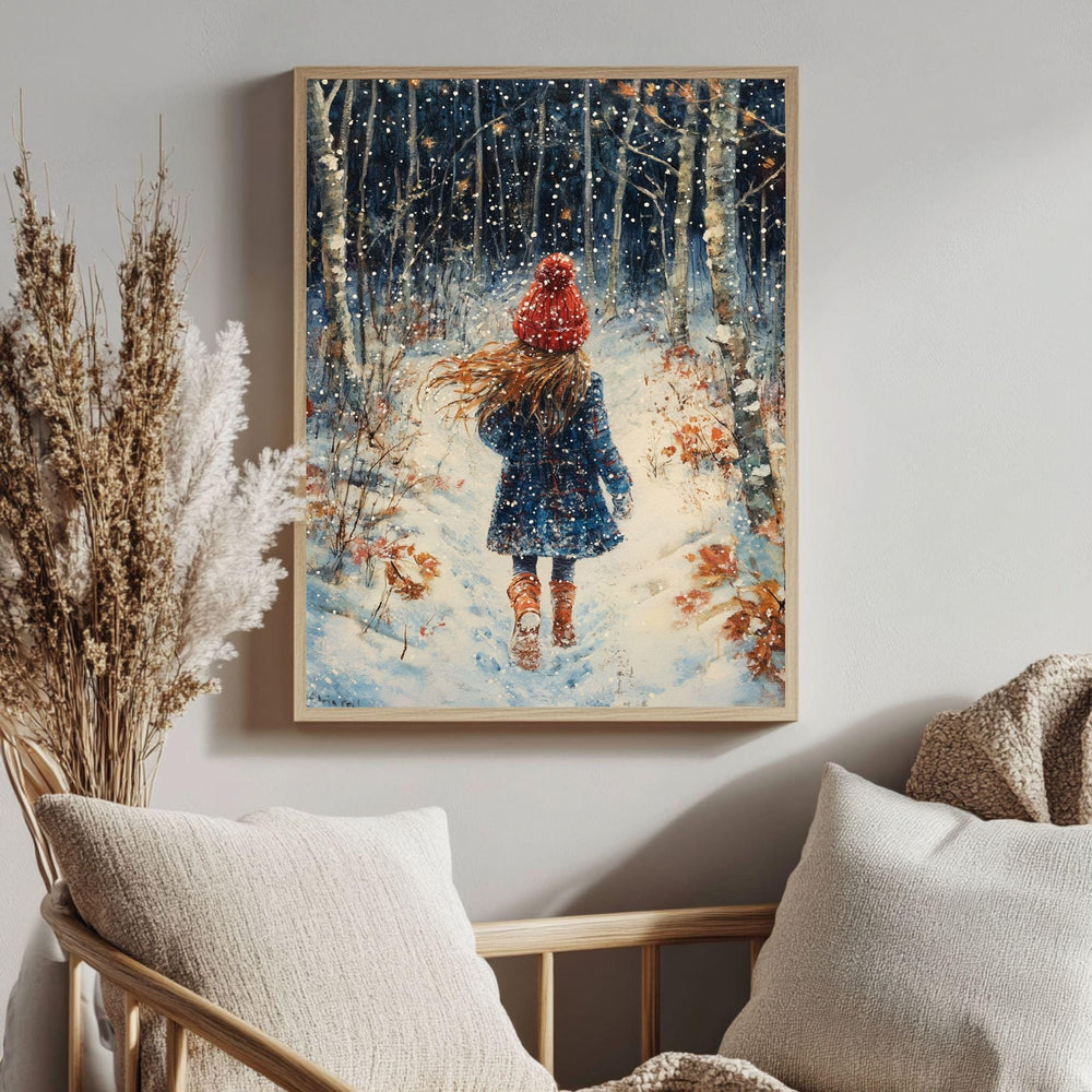 Snowy Forest Girl Framed Canvas Art, Cozy Winter Scene Whimsical Nature Decor