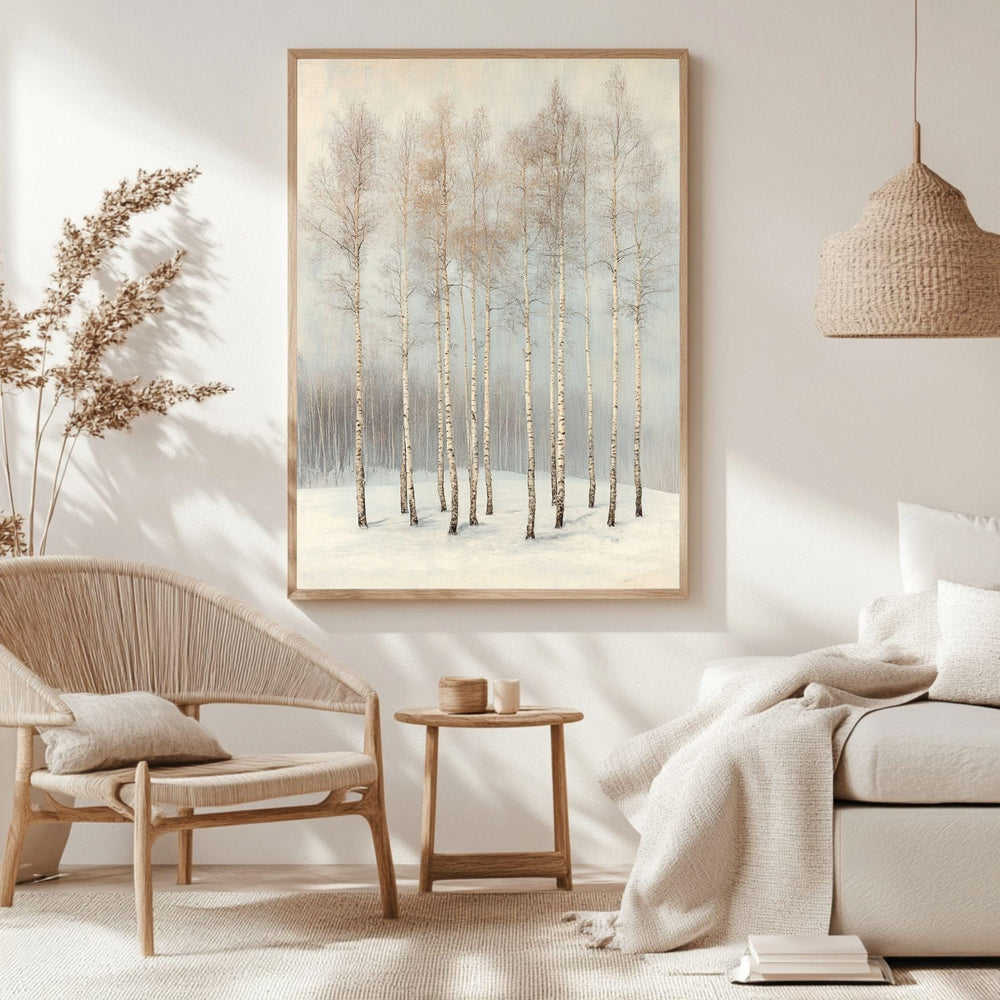 Winter Birch Grove Framed Canvas Art, Neutral Snowy Trees Minimal Nature Decor
