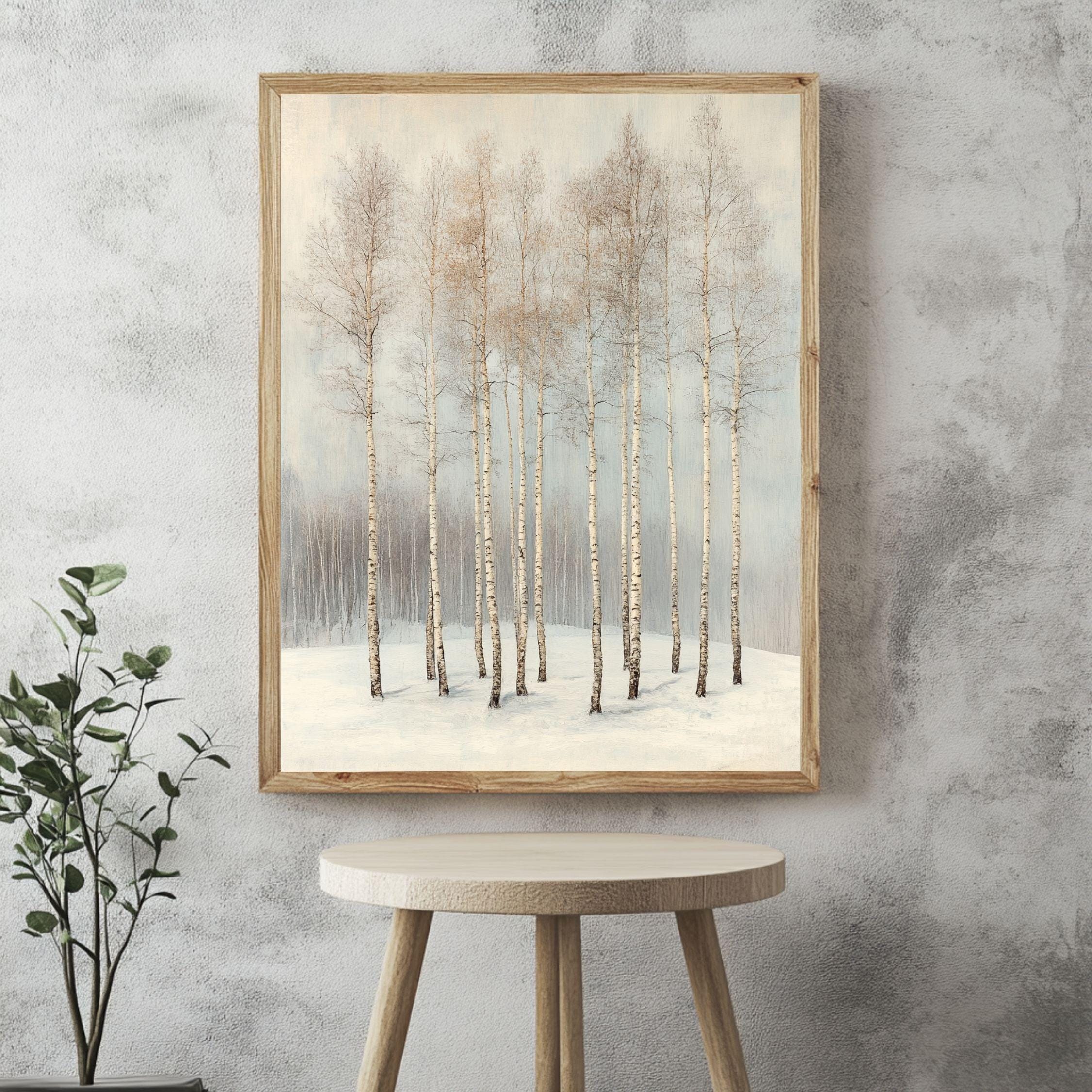 Winter Birch Grove Framed Canvas Art, Neutral Snowy Trees Minimal Nature Decor