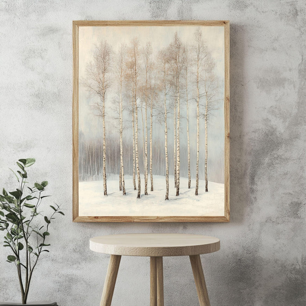 Winter Birch Grove Framed Canvas Art, Neutral Snowy Trees Minimal Nature Decor