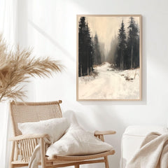 Forest Path Canvas Art, Neutral Winter Woodland Landscape Rustic Decor, Misty Framed Painting
