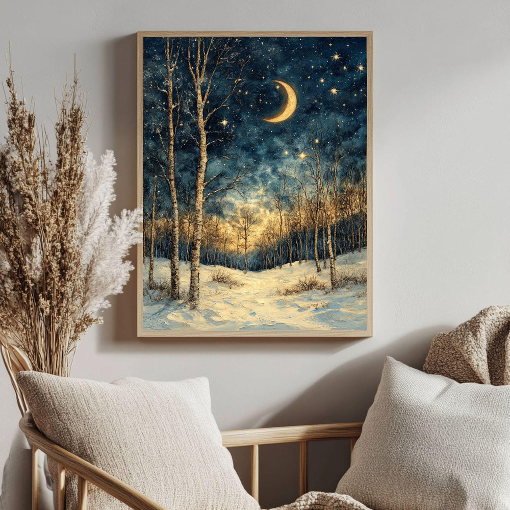 Crescent Moon Birch Canvas Art, Starry Winter Night Woodland Landscape Decor, Forest Framed Painting