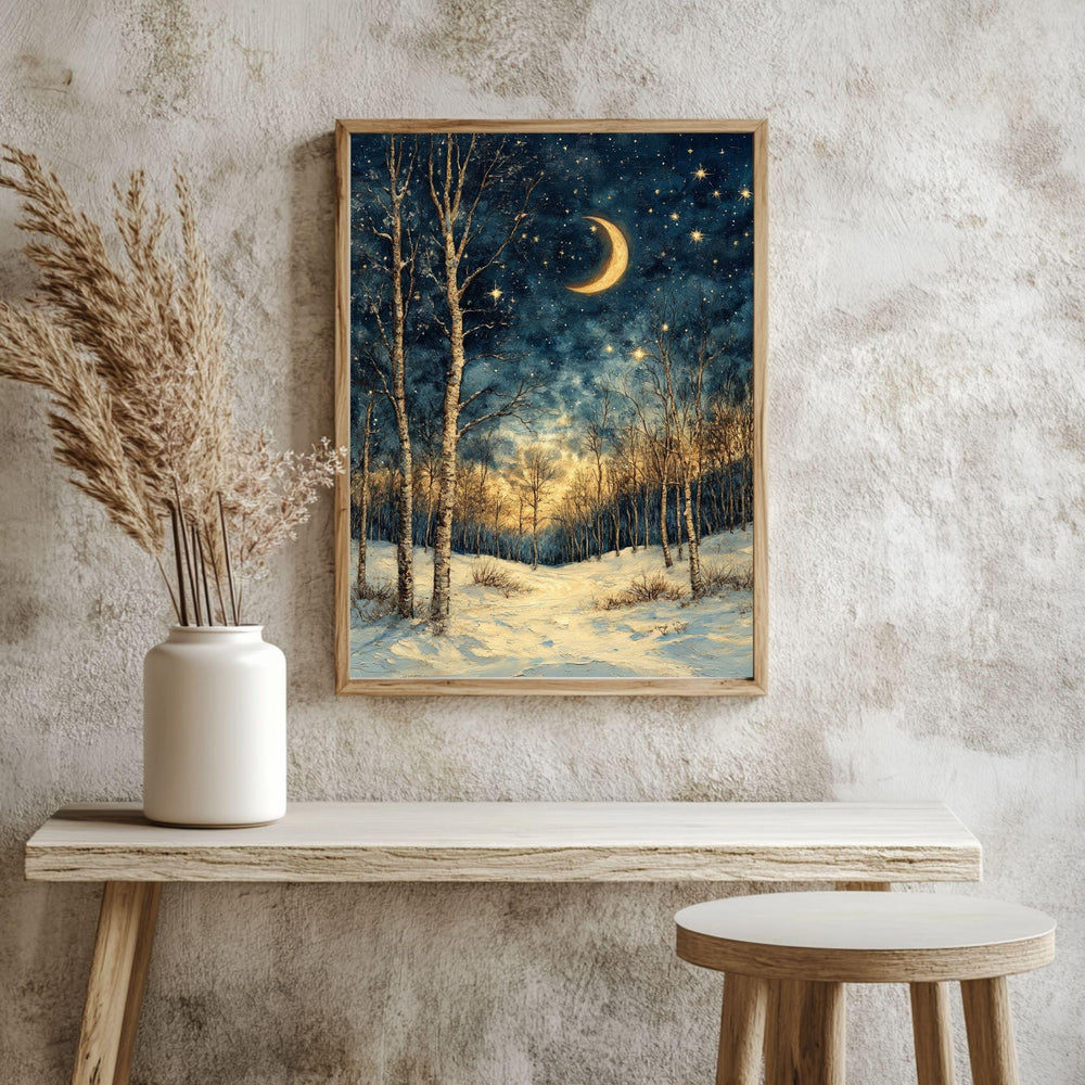Crescent Moon Birch Canvas Art, Starry Winter Night Woodland Landscape Decor, Forest Framed Painting