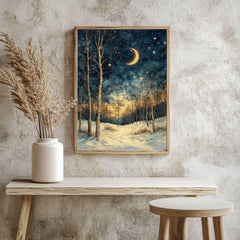 Crescent Moon Birch Canvas Art, Starry Winter Night Woodland Landscape Decor, Forest Framed Painting