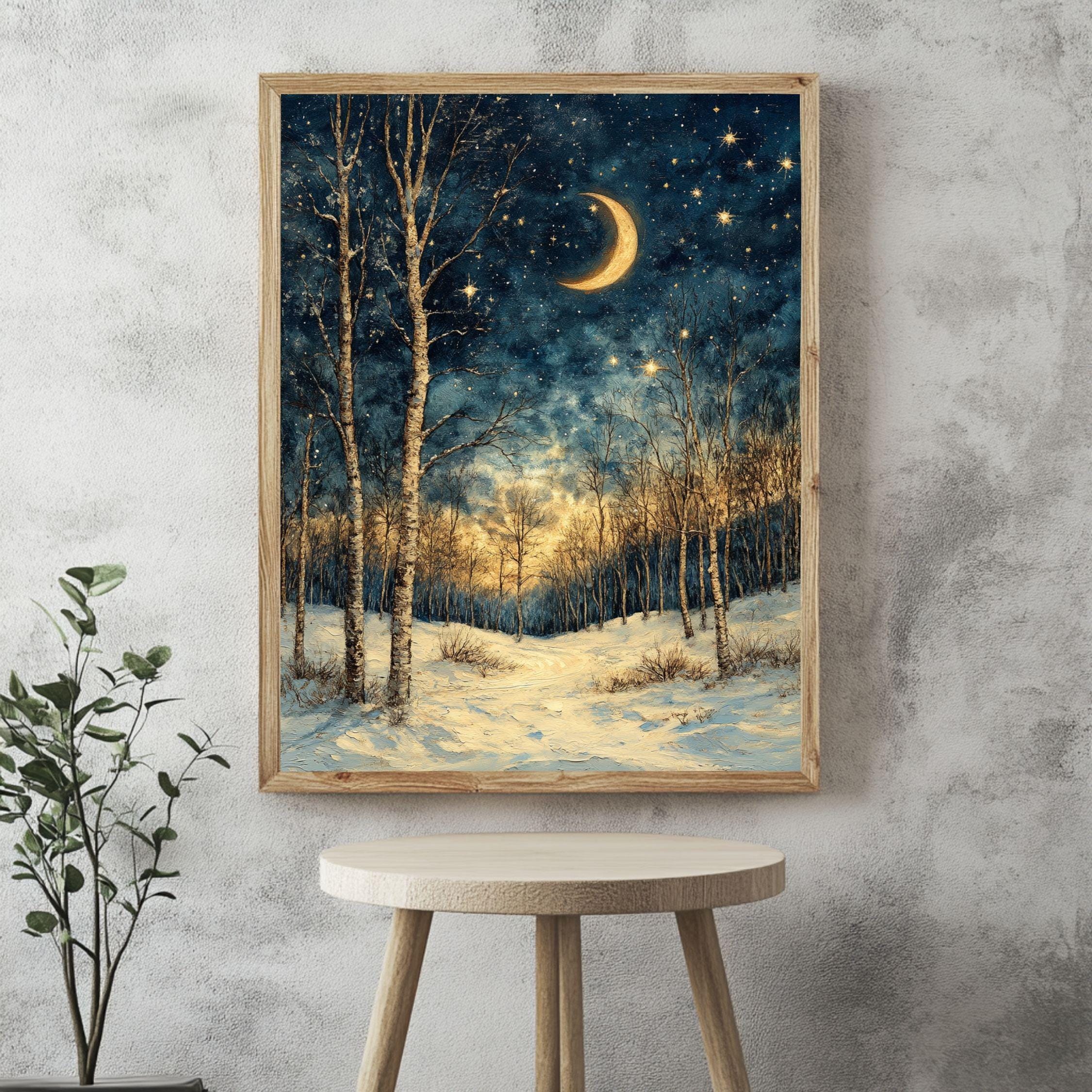 Crescent Moon Birch Canvas Art, Starry Winter Night Woodland Landscape Decor, Forest Framed Painting