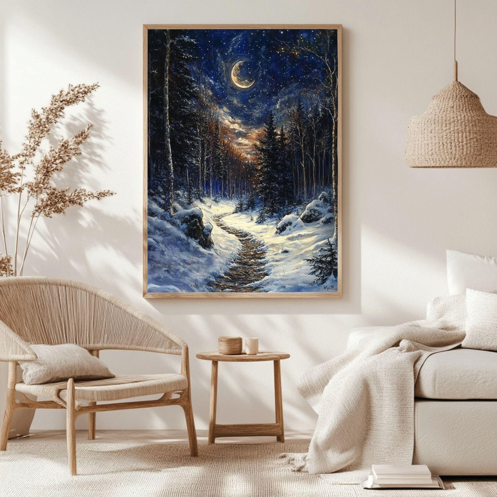Moonlit Trail Framed Canvas Art, Snowy Forest Night Landscape Decor, Enchanted Painting