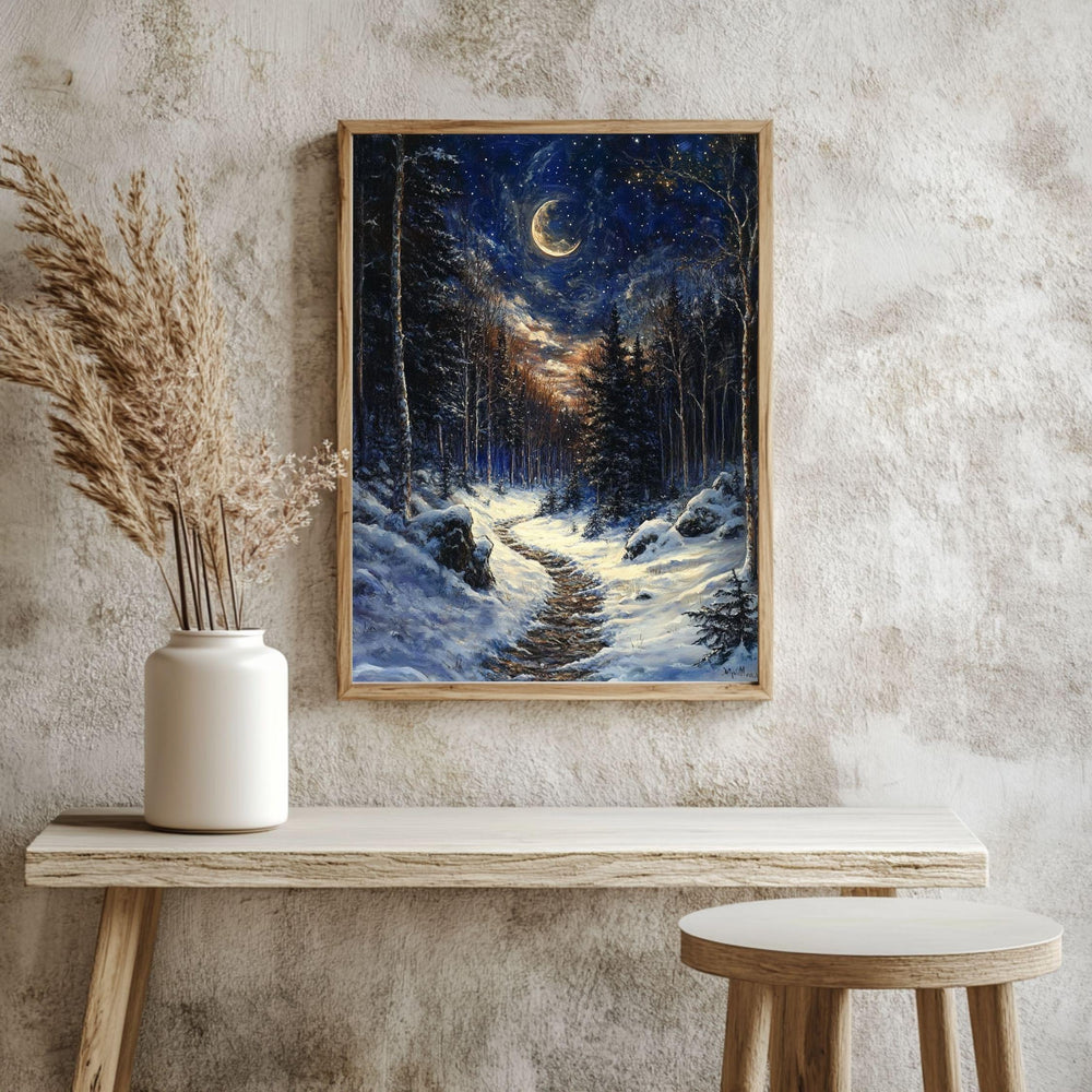 Moonlit Trail Framed Canvas Art, Snowy Forest Night Landscape Decor, Enchanted Painting