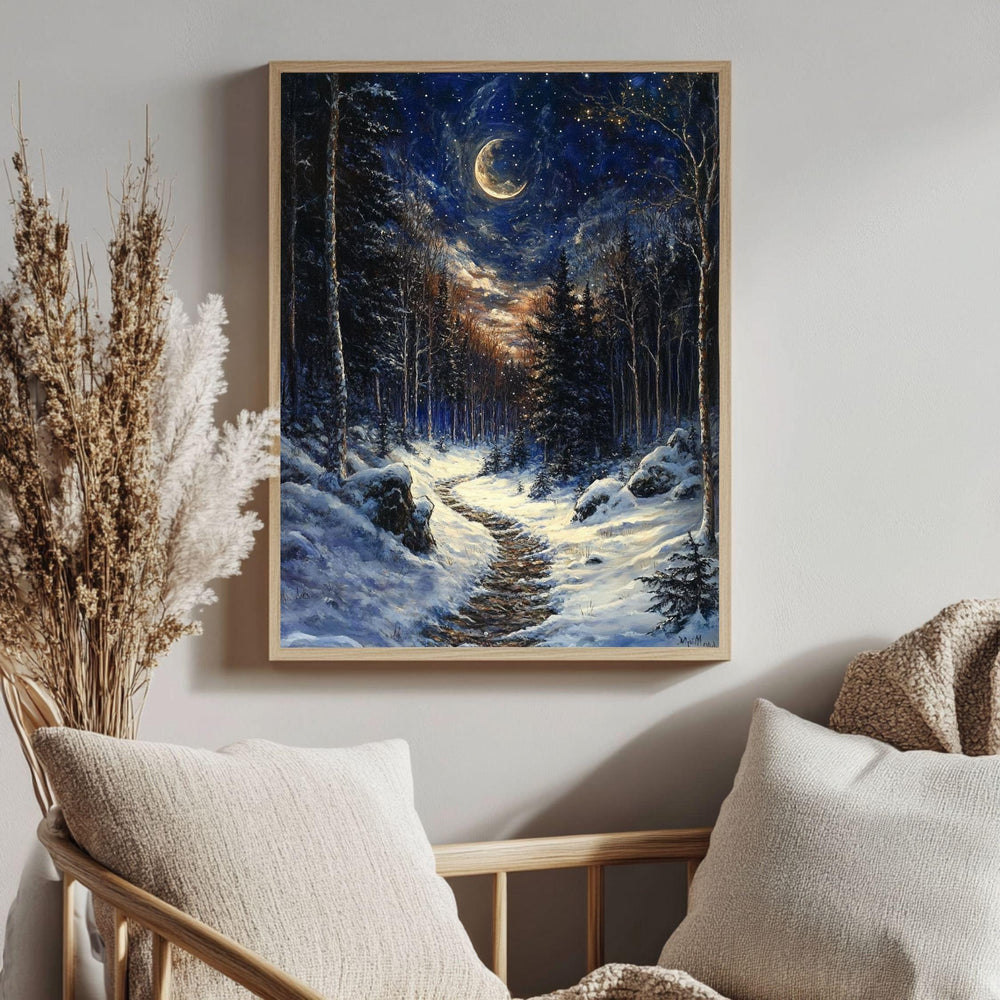 Moonlit Trail Framed Canvas Art, Snowy Forest Night Landscape Decor, Enchanted Painting