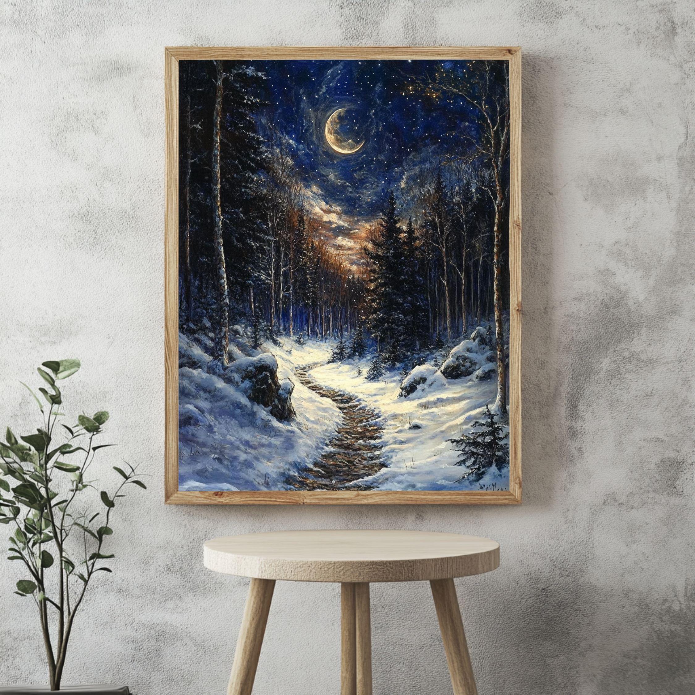 Moonlit Trail Framed Canvas Art, Snowy Forest Night Landscape Decor, Enchanted Painting