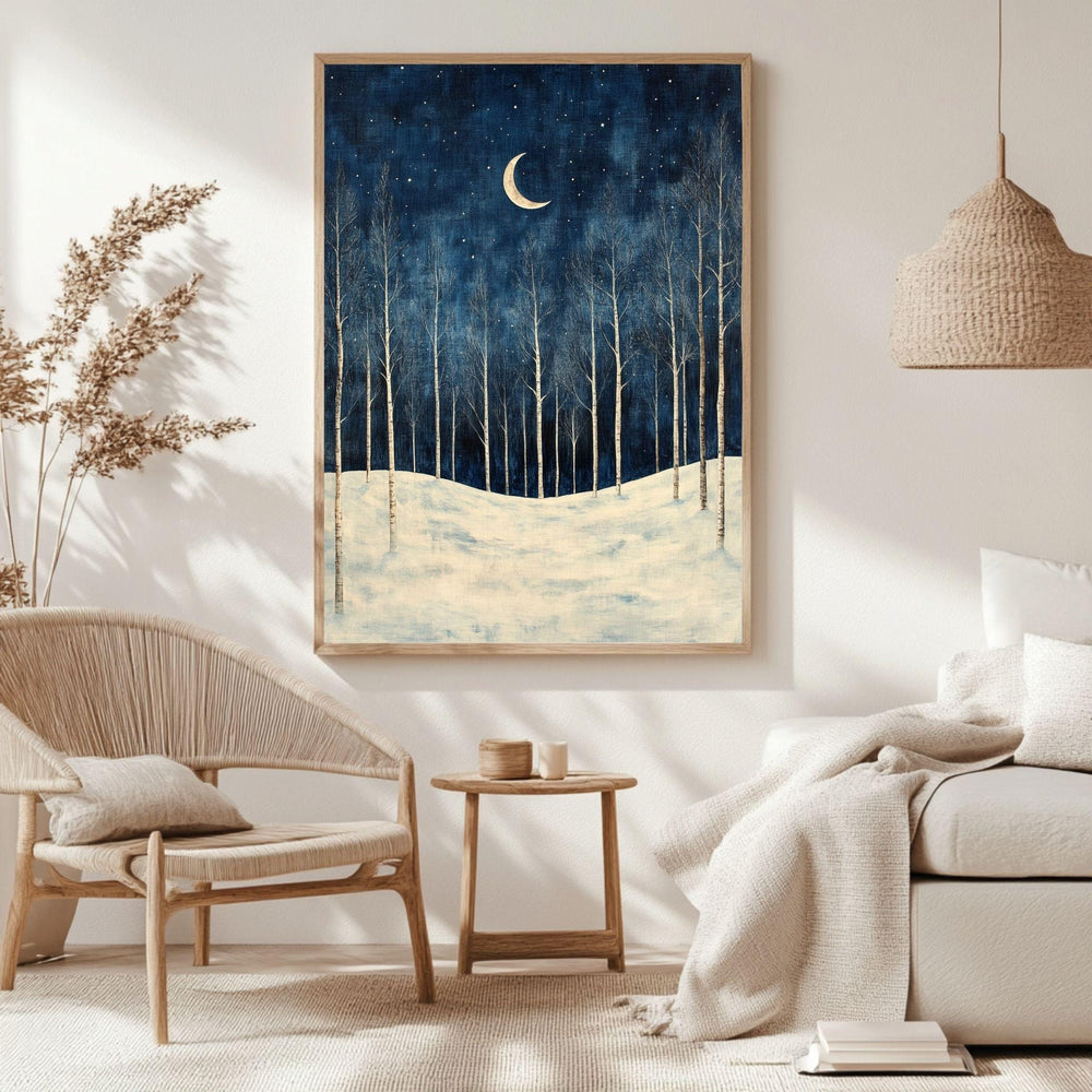 Birch Moon Canvas Art, Snowy Trees Winter Night Sky Decor, Framed Forest Painting
