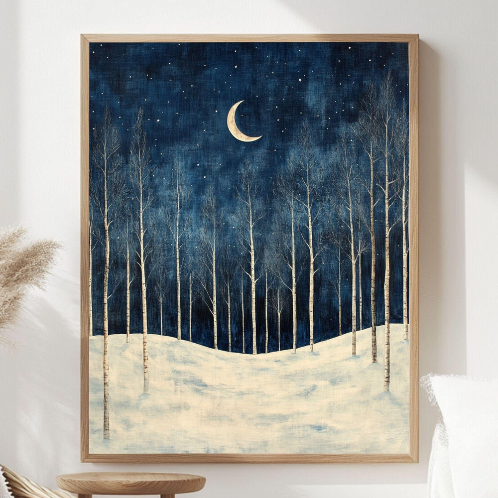 Birch Moon Canvas Art, Snowy Trees Winter Night Sky Decor, Framed Forest Painting