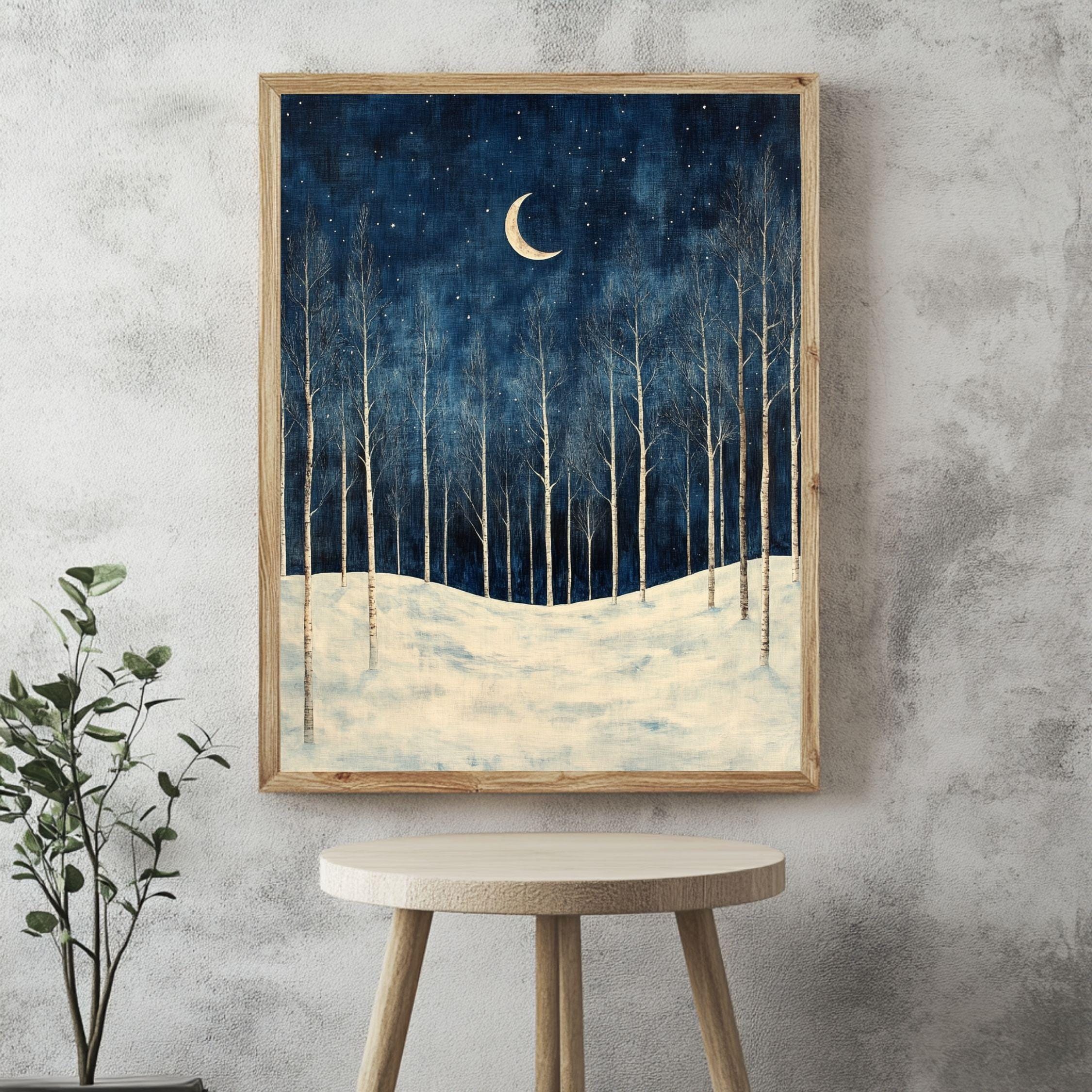 Birch Moon Canvas Art, Snowy Trees Winter Night Sky Decor, Framed Forest Painting
