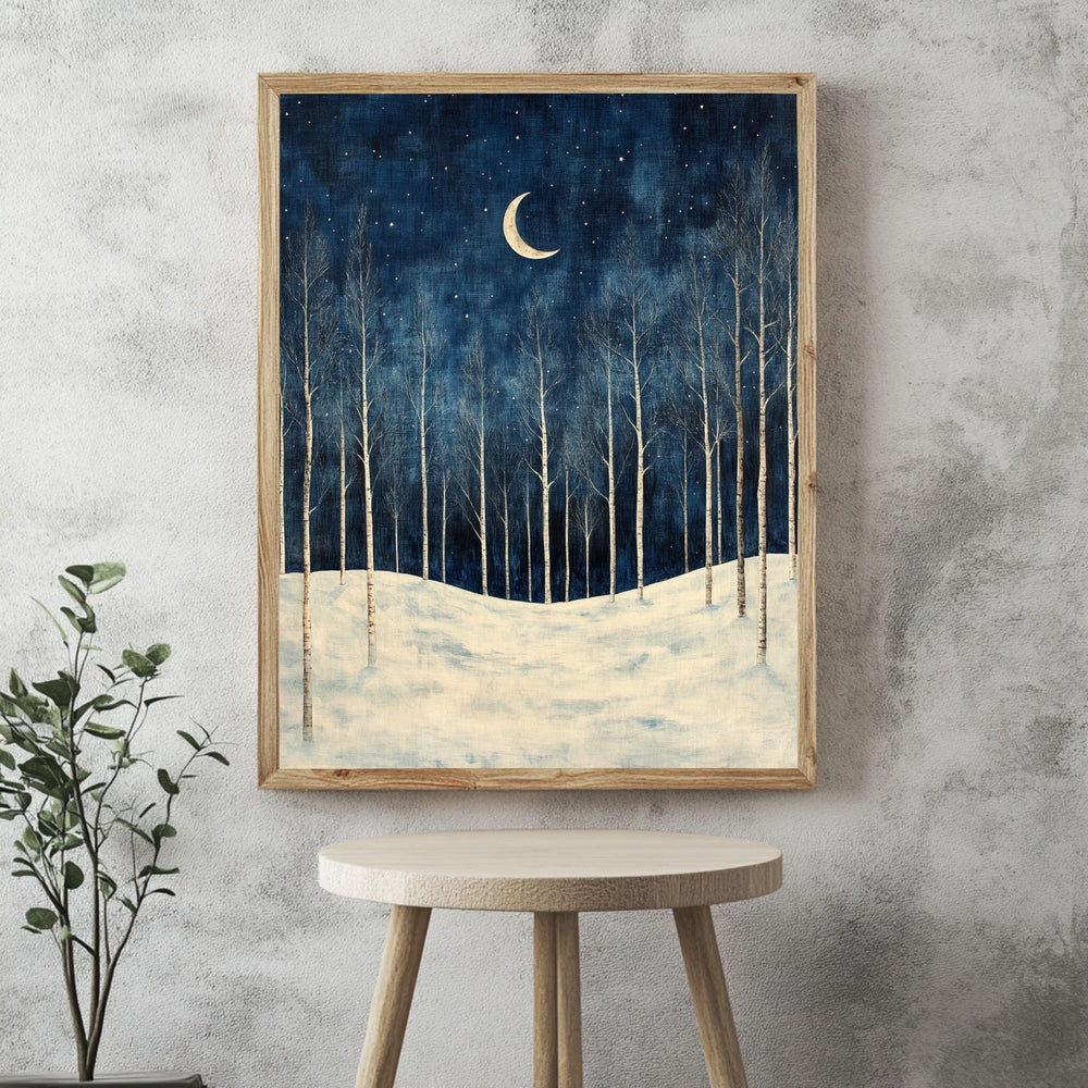 Birch Moon Canvas Art, Snowy Trees Winter Night Sky Decor, Framed Forest Painting