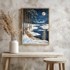 River Path Framed Canvas Art, Snowy Water Landscape Night Woodland Decor, Moonlit Painting