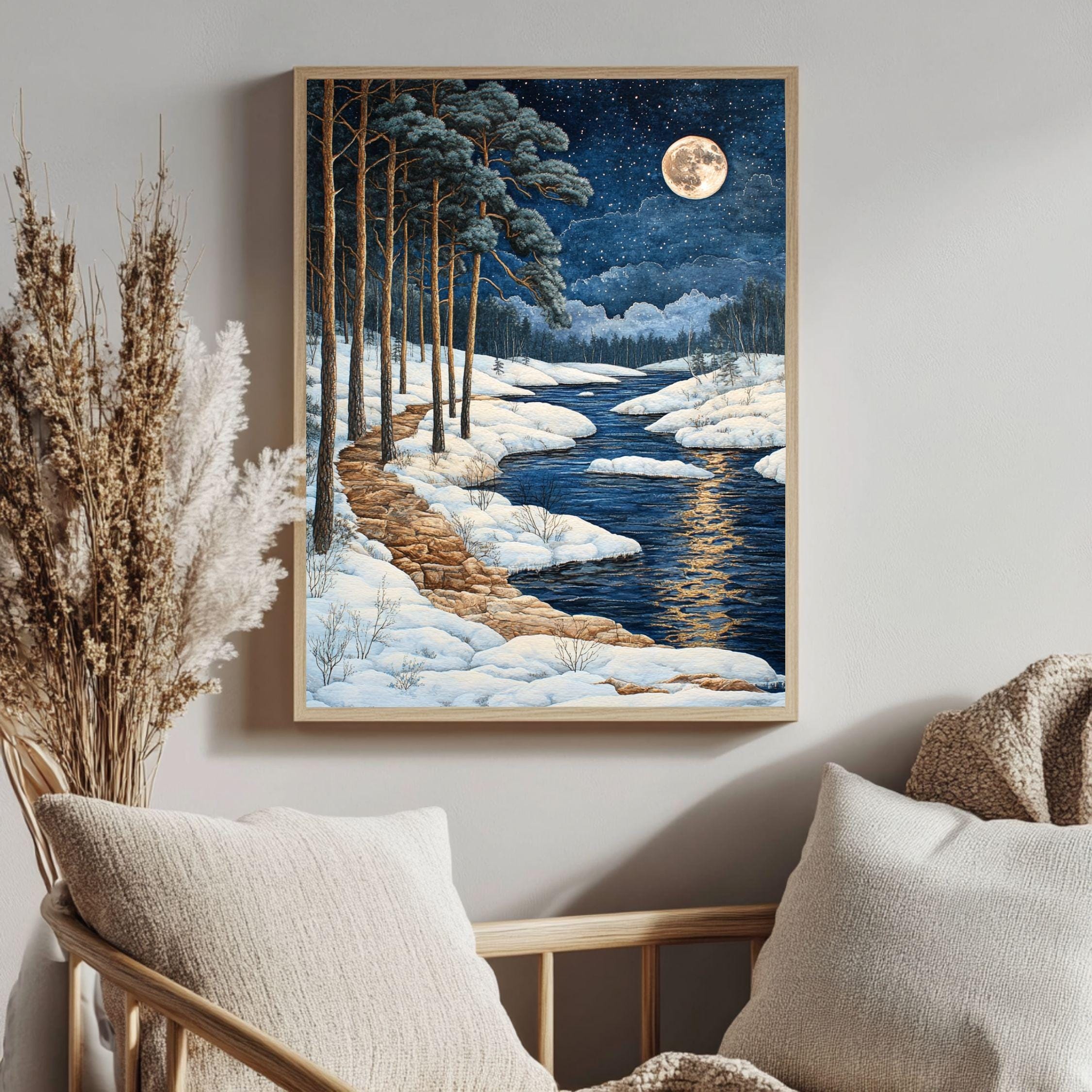 River Path Framed Canvas Art, Snowy Water Landscape Night Woodland Decor, Moonlit Painting