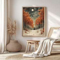 Golden Aspen Framed Canvas Art, Snowy Forest Moon Landscape Warm Decor, Winter Painting