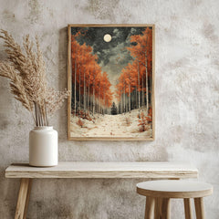 Golden Aspen Framed Canvas Art, Snowy Forest Moon Landscape Warm Decor, Winter Painting