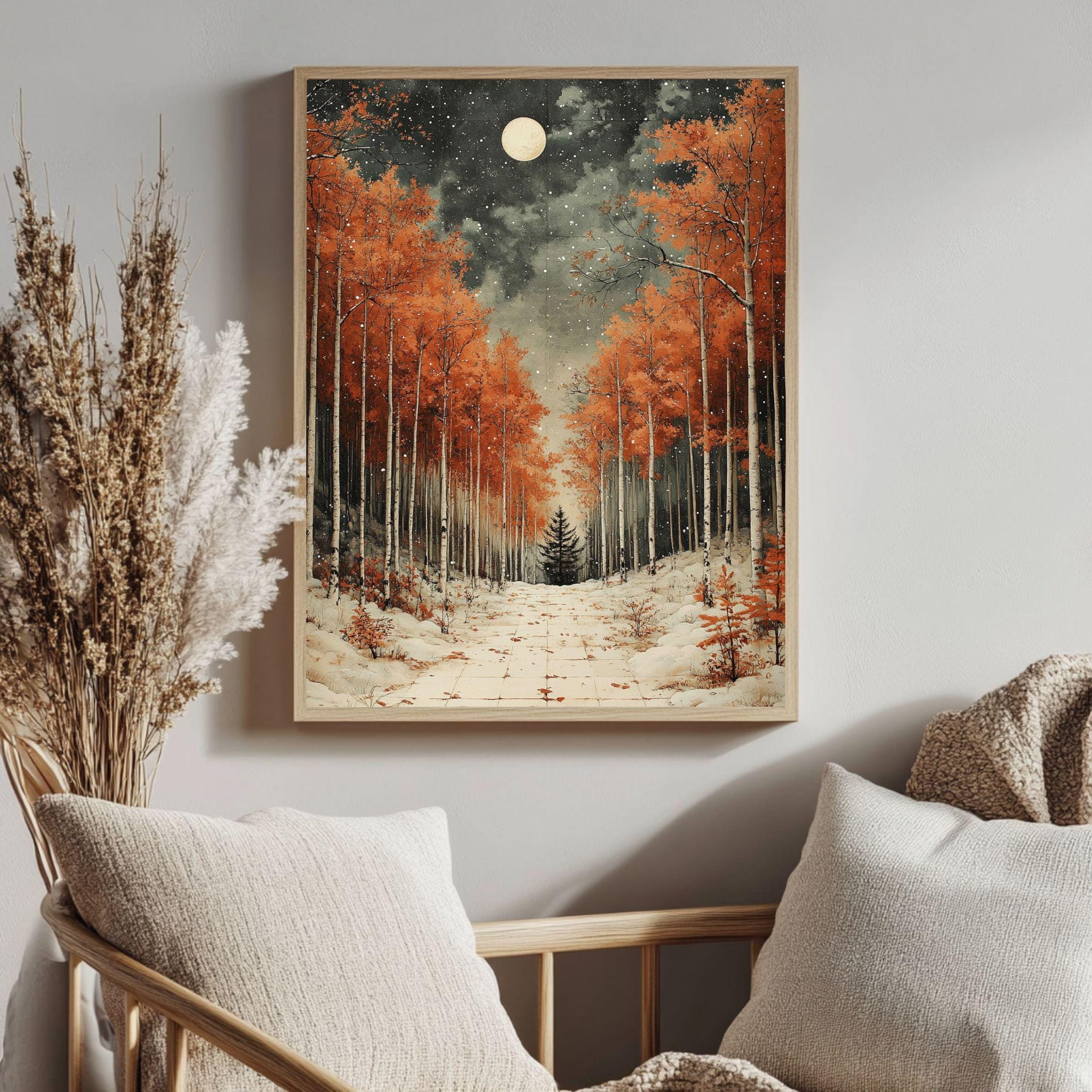 Golden Aspen Framed Canvas Art, Snowy Forest Moon Landscape Warm Decor, Winter Painting