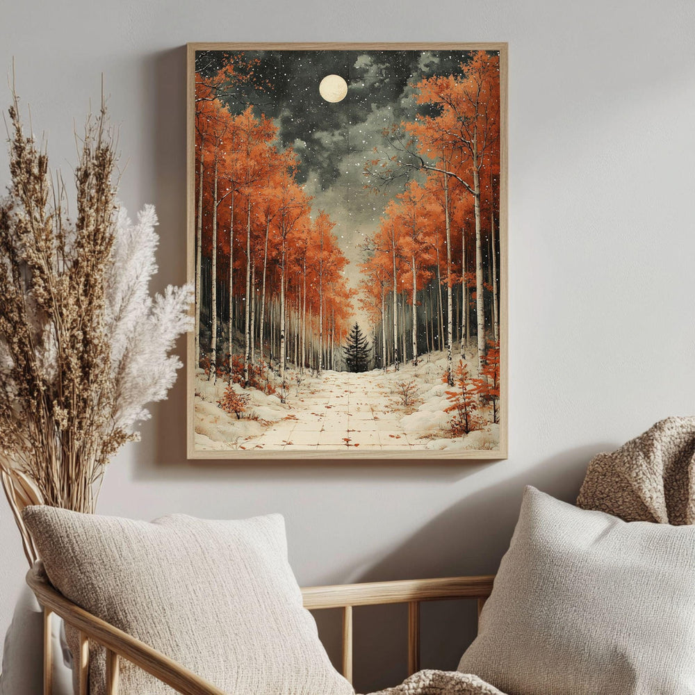 Golden Aspen Framed Canvas Art, Snowy Forest Moon Landscape Warm Decor, Winter Painting