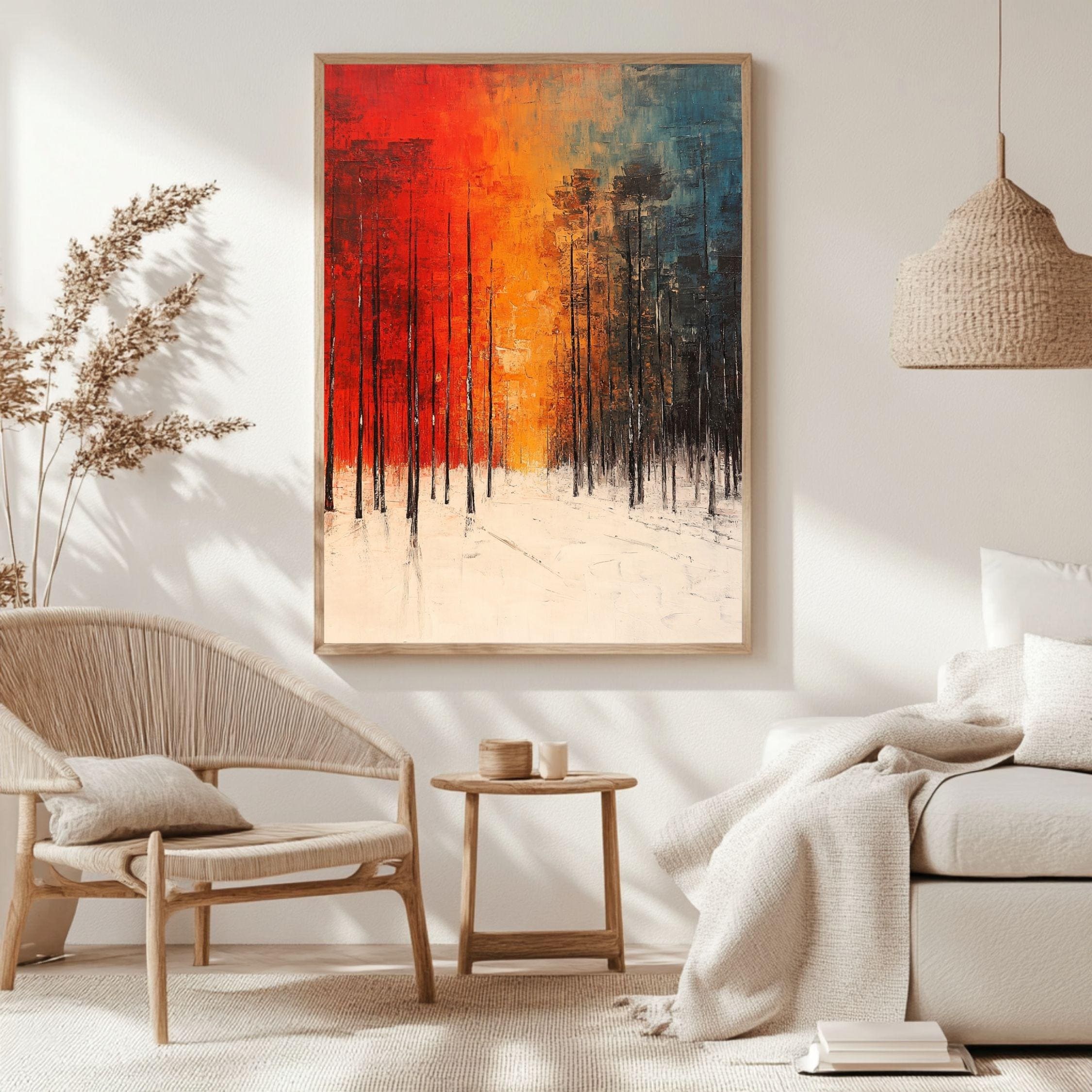 Forest Framed Canvas Art, Bold Winter Trees Modern Landscape Decor, Abstract Warm Painting