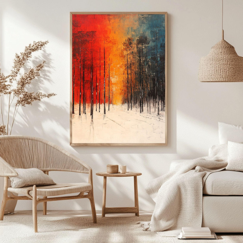 Forest Framed Canvas Art, Bold Winter Trees Modern Landscape Decor, Abstract Warm Painting