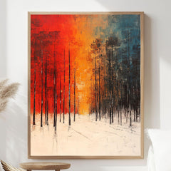 Forest Framed Canvas Art, Bold Winter Trees Modern Landscape Decor, Abstract Warm Painting