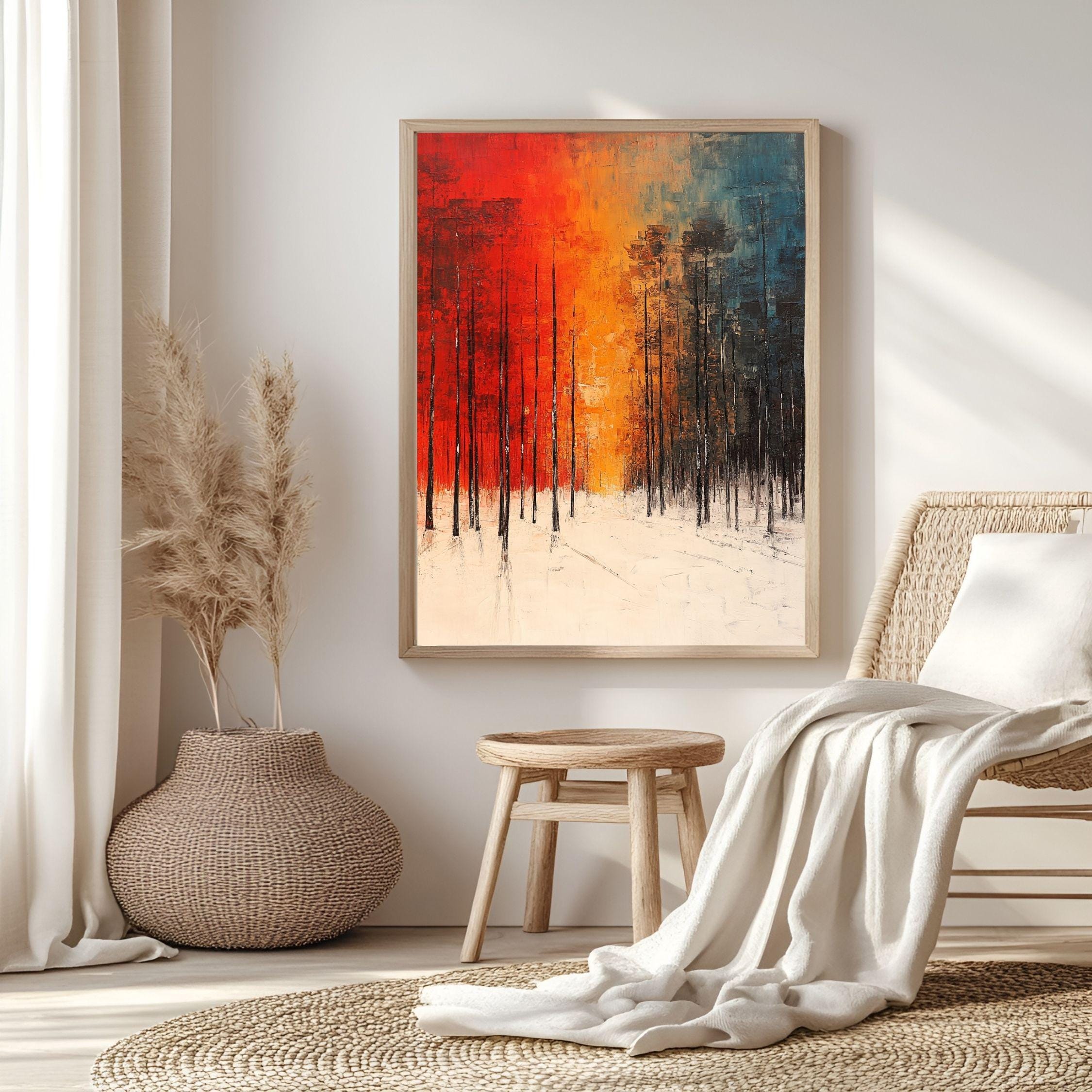 Forest Framed Canvas Art, Bold Winter Trees Modern Landscape Decor, Abstract Warm Painting