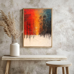 Forest Framed Canvas Art, Bold Winter Trees Modern Landscape Decor, Abstract Warm Painting