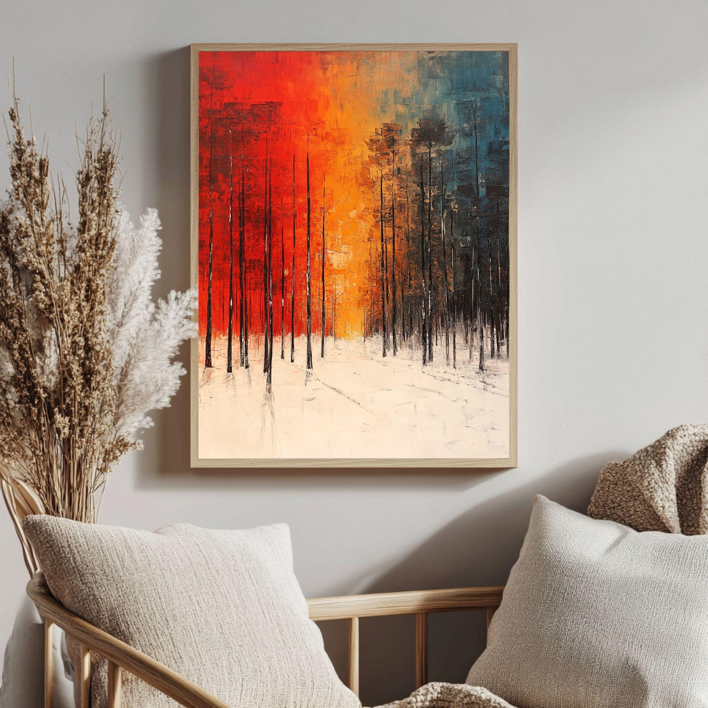 Forest Framed Canvas Art, Bold Winter Trees Modern Landscape Decor, Abstract Warm Painting
