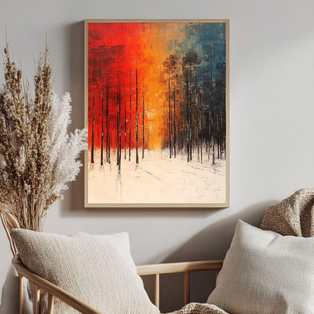 Forest Framed Canvas Art, Bold Winter Trees Modern Landscape Decor, Abstract Warm Painting