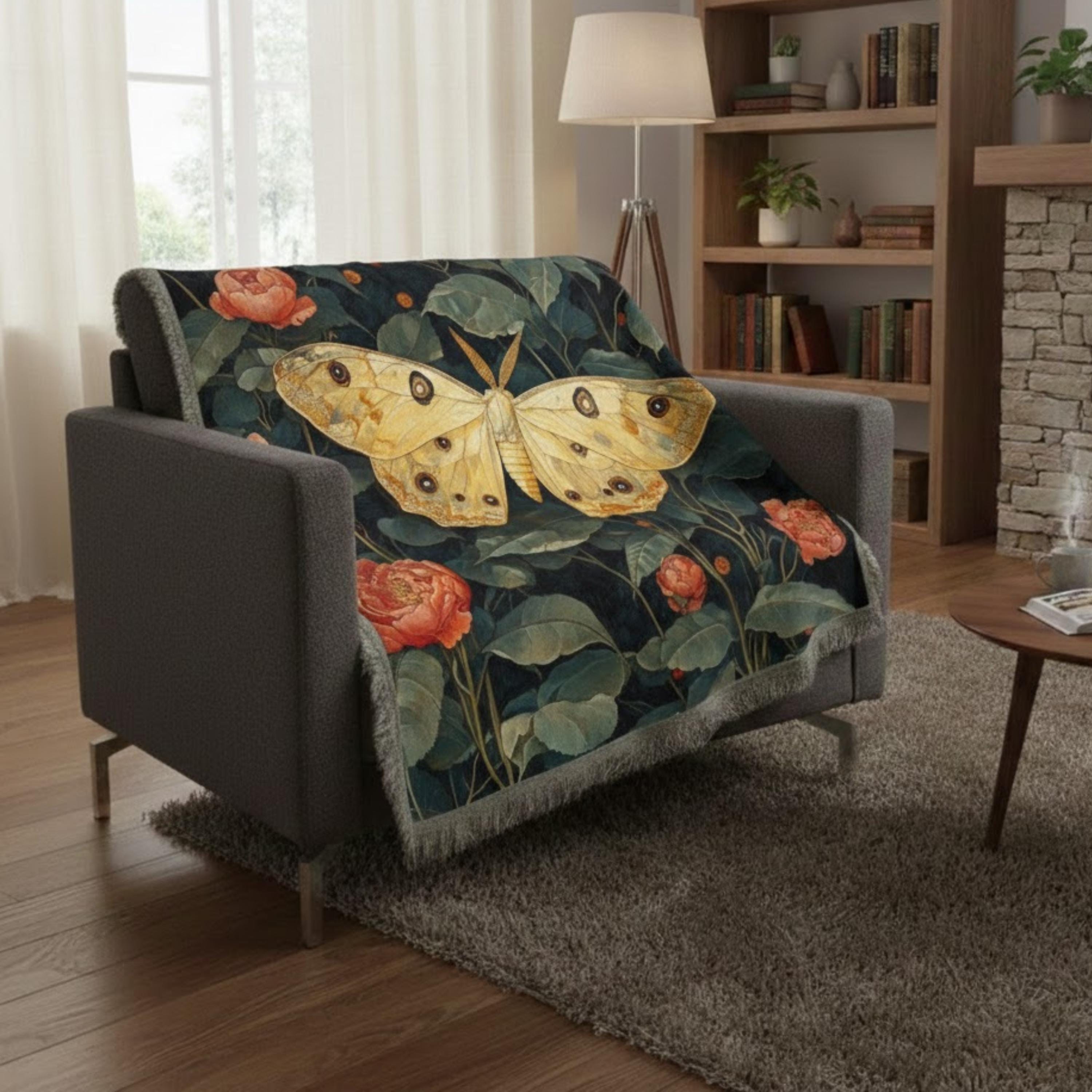 Golden Moth Floral Woven Blanket, Vintage Garden Throw, Botanical Boho Tapestry, Elegant Nature Blanket Gift, Moody Home Decor Accent
